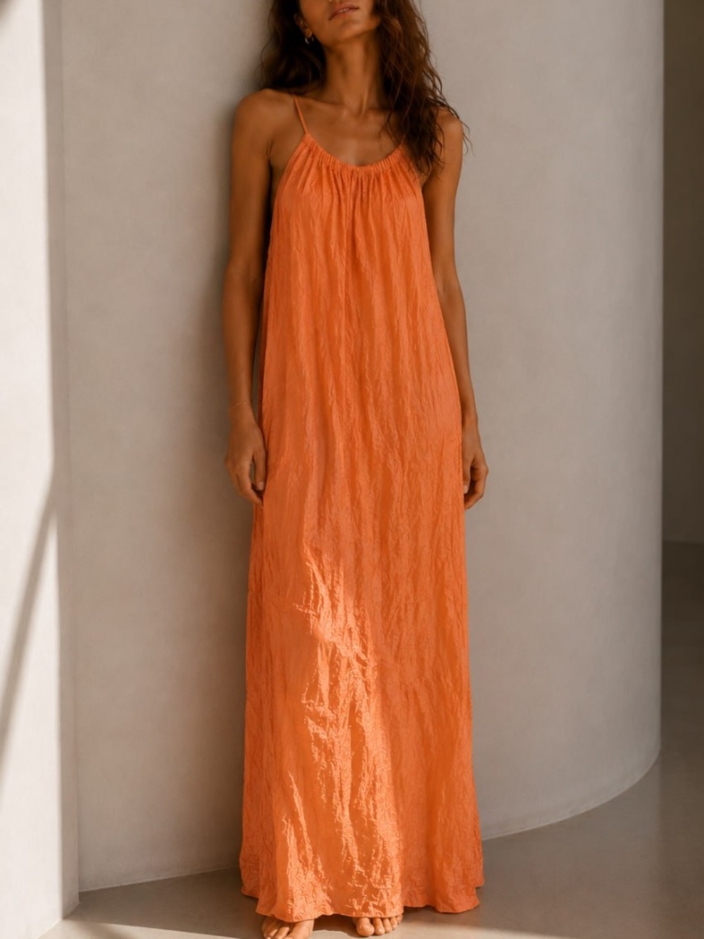 ROSEMARINE Made in Italy Orange Silk Viscose Crinkle Maxi Dress Size L